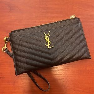 YSL- Quilted Zip Pouch YSL Monogram Black Leather Full Set NWT Authentic